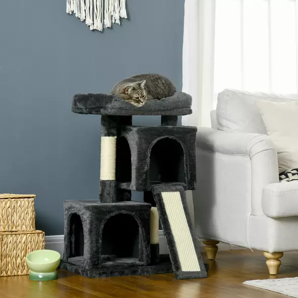 PawHut Cat Tree for Indoor Cats 81cm Cat Scratching Post Scratch Board Kitten Tower Climbing Frame, Black - 2