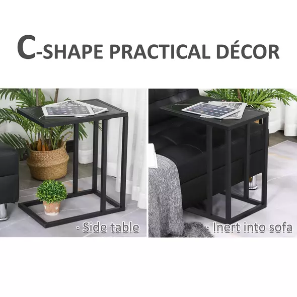 HOMCOM C Shape Bedside Table w/Metal Frame Marble-Effect Top Sofa Narrow Snack End Table for Living Room, Black - 4