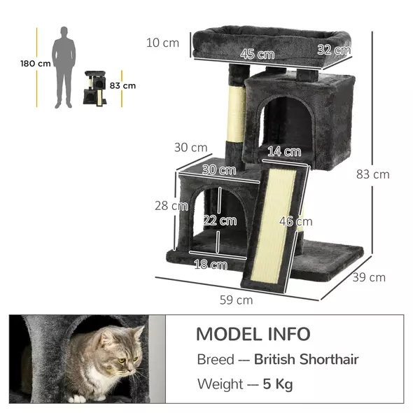PawHut Cat Tree for Indoor Cats 81cm Cat Scratching Post Scratch Board Kitten Tower Climbing Frame, Black - 3