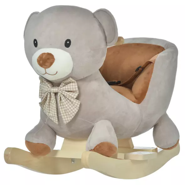 HOMCOM Kids Children Rocking Horse Plush Ride On Bear Seat w/ Sound Wood Base Seat Safety Belt Toddler Baby Toy for 18-36 Months Grey - 1