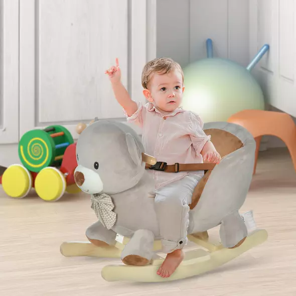HOMCOM Kids Children Rocking Horse Plush Ride On Bear Seat w/ Sound Wood Base Seat Safety Belt Toddler Baby Toy for 18-36 Months Grey - 2