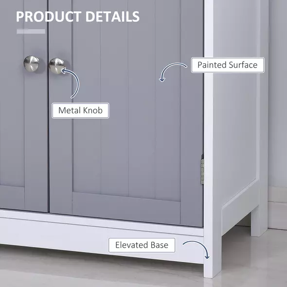 kleankin 75x60cm Freestanding Bathroom Storage Cabinet Unit w/ 2 Drawers Cupboard Adjustable Shelf Metal Handles Traditional Style Grey White - 6