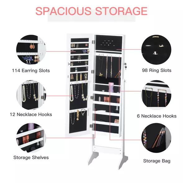 HOMCOM Jewelry Cabinet Standing Mirror Full Length Makeup Lockable Armoire Storage Organizer White - 6