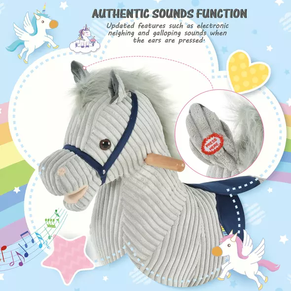 HOMCOM Kids Plush Rocking Horse w/ Sound Children Rocker Ride On Toy Gift 3-6 Years Grey - 5