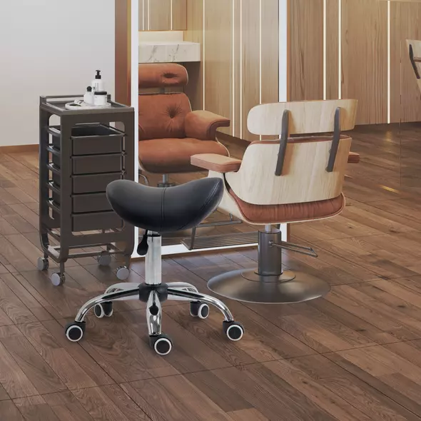 HOMCOM Cosmetic Stool 360° Rotate Height Adjustable Salon Massage Spa Chair Hydraulic Rolling Faux Leather Saddle Stool Mobility, Black - 2