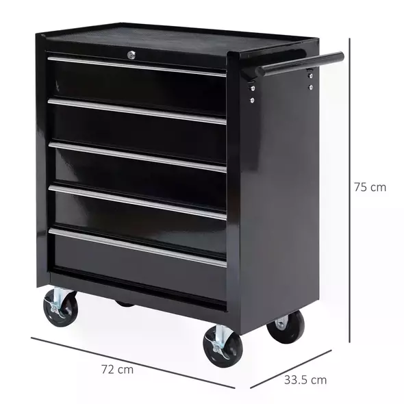 HOMCOM 5-Drawer Tool Chest with Wheels, Steel Lockable Tool Storage Cabinet with Handle, 2 Keys for Garage, Workshop, Black - 3