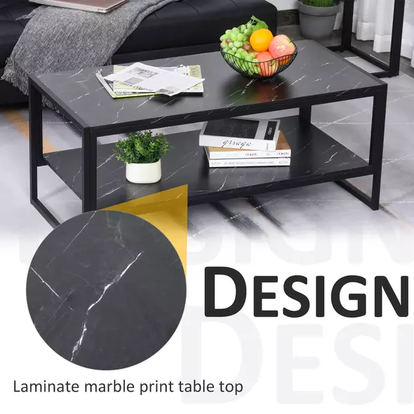 HOMCOM Coffee Table, Two-Tier Faux Marble Effect Centre Table with Metal Frame and Storage Shelf for Living Room, 106 x 50 x 45cm, Black - 4