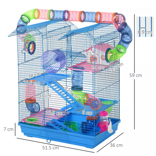 PawHut Hamster Cage, 5 Tier Carrier Habitat with Exercise Wheels Tunnel Tube Water Bottle Dishes House Ladder, Gerbil Cage for Dwarf Mice, Blue - 3