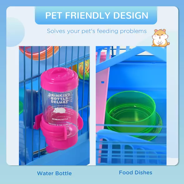 PawHut Hamster Cage, 5 Tier Carrier Habitat with Exercise Wheels Tunnel Tube Water Bottle Dishes House Ladder, Gerbil Cage for Dwarf Mice, Blue - 6