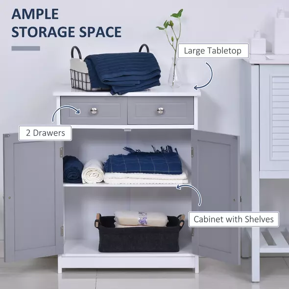 kleankin 75x60cm Freestanding Bathroom Storage Cabinet Unit w/ 2 Drawers Cupboard Adjustable Shelf Metal Handles Traditional Style Grey White - 4