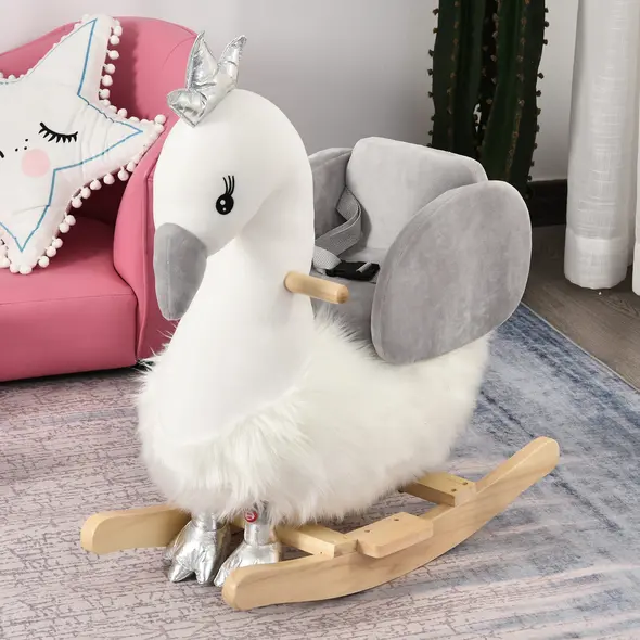 HOMCOM Kids Rocking Horse, Children Plush Ride On Swan Animal Rocker w/ Sound, Wood Base Seat, Safety Belt, Baby Toy Rocker for Toddler 18 - 36 Months, White and Grey - 2