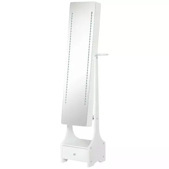 HOMCOM Jewellery Cabinet, Full Length Mirror with Storage, Free Standing Mirror with LED Lights, Hooks, Drawer and Hairdryer Holder for Bedroom, White - 1