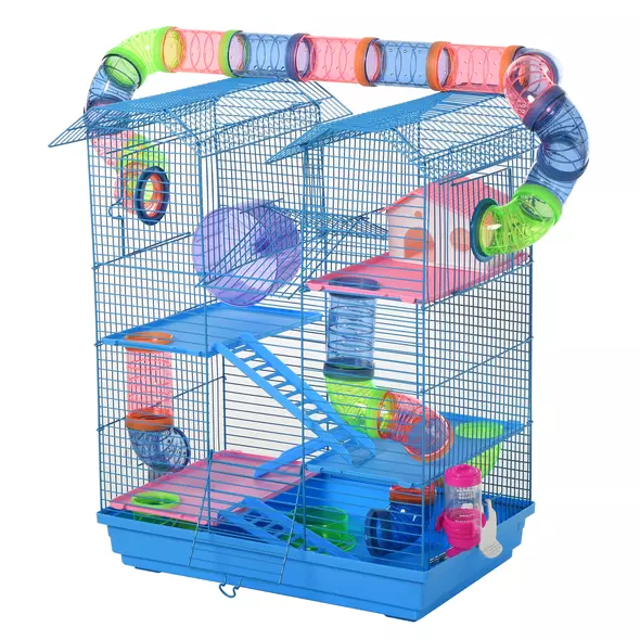 PawHut Hamster Cage, 5 Tier Carrier Habitat with Exercise Wheels Tunnel Tube Water Bottle Dishes House Ladder, Gerbil Cage for Dwarf Mice, Blue - 1