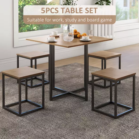 HOMCOM 5 Piece Dining Table and Chairs Set 4, Industrial Space Saving Table and Chairs with Metal Frame, Square Kitchen Table and Stools for Dining Room, Brown - 4