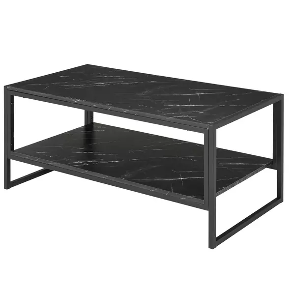HOMCOM Coffee Table, Two-Tier Faux Marble Effect Centre Table with Metal Frame and Storage Shelf for Living Room, 106 x 50 x 45cm, Black - 1