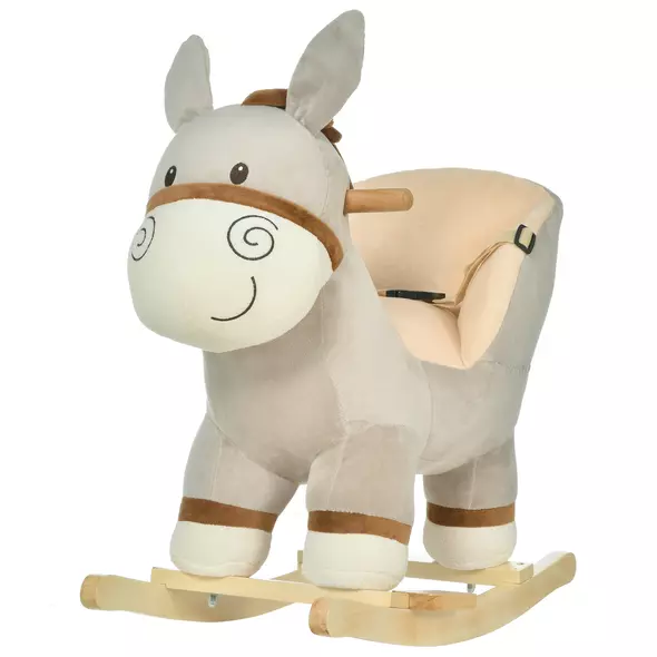 HOMCOM Kids Rocking Horse, Children Plush Ride On Donkey Animal Rocker w/ Sound, Wood Base Seat, Safety Belt, Baby Toy Rocker for Toddler 18 - 36 Months, Grey - 1