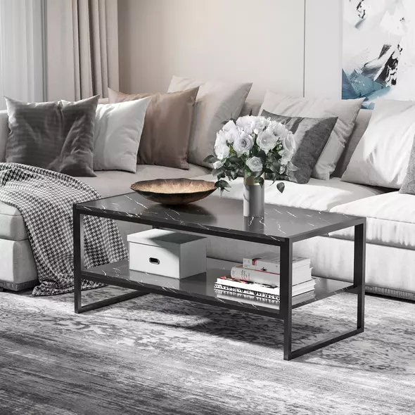 HOMCOM Coffee Table, Two-Tier Faux Marble Effect Centre Table with Metal Frame and Storage Shelf for Living Room, 106 x 50 x 45cm, Black - 2