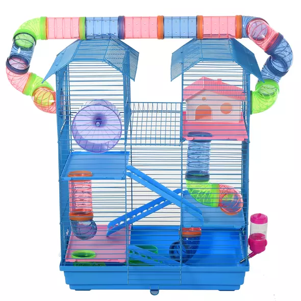 PawHut Hamster Cage, 5 Tier Carrier Habitat with Exercise Wheels Tunnel Tube Water Bottle Dishes House Ladder, Gerbil Cage for Dwarf Mice, Blue - 8