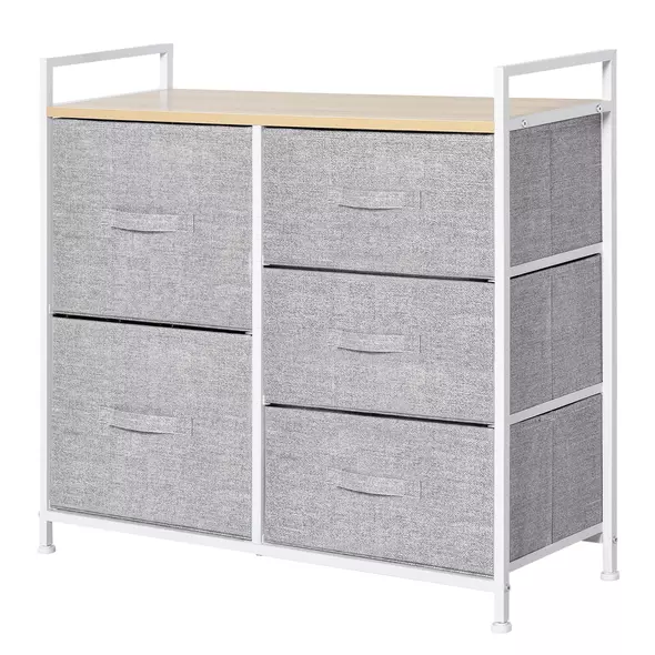 HOMCOM 5 Drawer Linen Basket Storage Unit Home Organisation w/ Shelf Handles Metal Frame Adjustable Feet Hallway Home Dresser Grey - 1