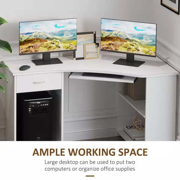 HOMCOM L-Shaped Corner Computer Desk w/ 2 Shelves Wide Worktop Keyboard Tray Drawer & CPU Stand Home Office Study Bedroom Furniture White - 6