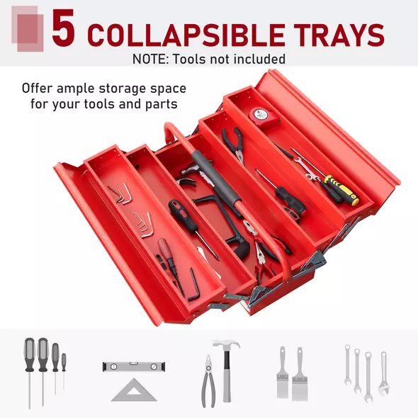 DURHAND Metal Tool Box 3 Tier 5 Tray Professional Portable Storage Cabinet Workshop Cantilever Toolbox with Carry Handle, 56cmx20cmx34cm, Red - 5