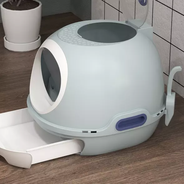 PawHut Cat Litter Box Toilet with Litter Scoop Enclosed Drawer, Front Entry Top Exit, Easy To Clean Blue - 9