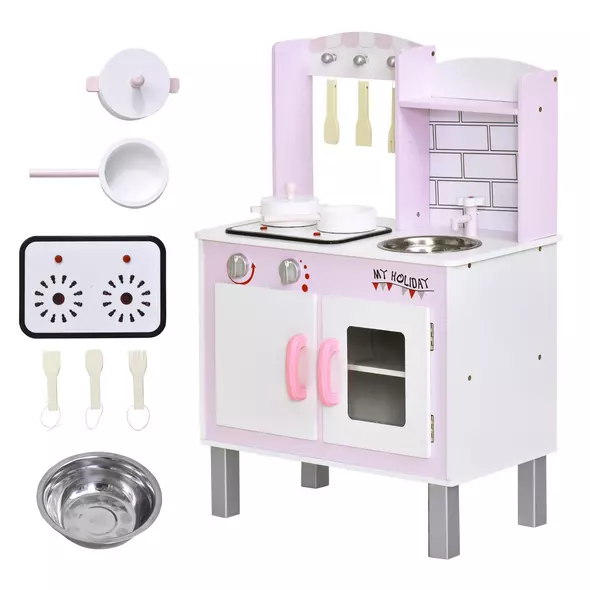 HOMCOM Kids Pretend Kitchen Playset w/ Cooking Toy Accessories - Pink - 1