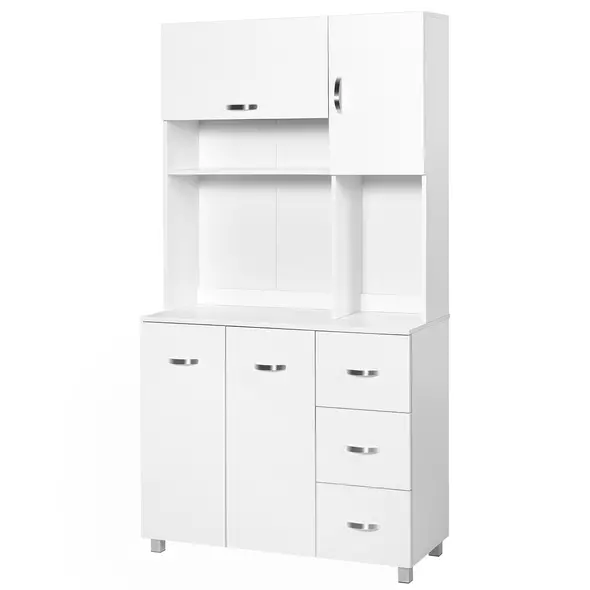 HOMCOM Kitchen Cupboard, 183cm Tall Storage Cabinet with Countertop, Sideboard with 3 Small Drawers, Flip Up Top Door, 3 Cabinet Doors and Open Shelves, 100W x 39.5D x 183.5H cm, White - 1
