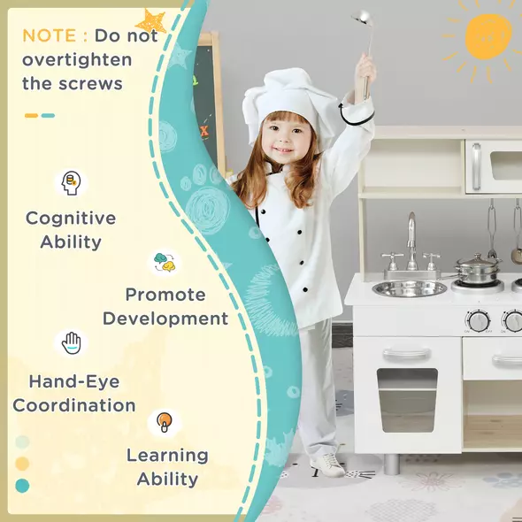 HOMCOM Kids Wooden Pretend Play Toy Kitchen Cooking Set Role Play Phone for Boys Girls White - 5