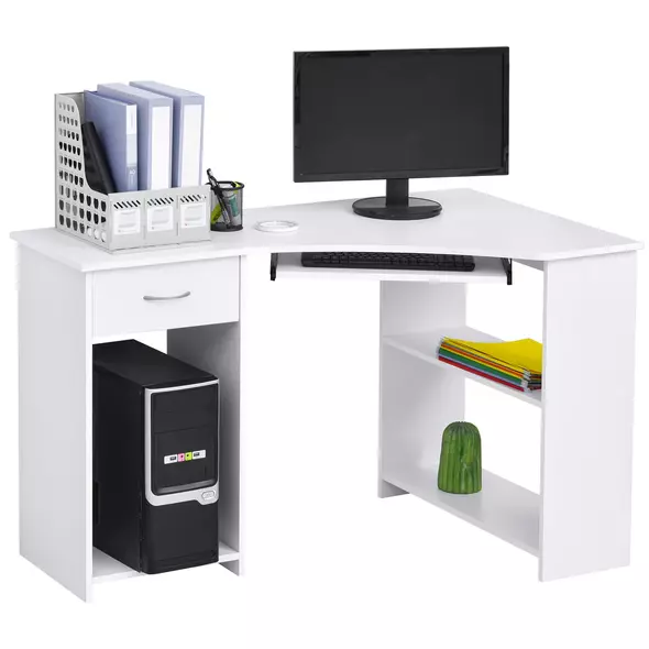 HOMCOM L-Shaped Corner Computer Desk w/ 2 Shelves Wide Worktop Keyboard Tray Drawer & CPU Stand Home Office Study Bedroom Furniture White - 1