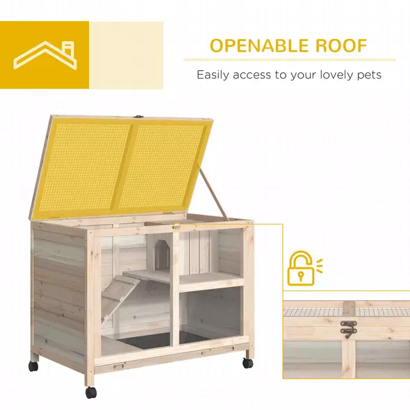 PawHut Rabbit Hutch Indoor Wooden Guinea Pig House Hamster Cage with Wheels, 2 Layers Bunny Cage with Openable Roof, 91.5 x 53.3 x 73 cm, Natural - 5