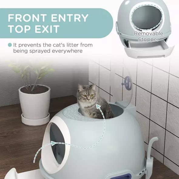 PawHut Cat Litter Box Toilet with Litter Scoop Enclosed Drawer, Front Entry Top Exit, Easy To Clean Blue - 5