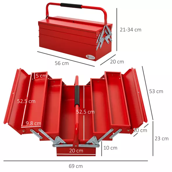 DURHAND Metal Tool Box 3 Tier 5 Tray Professional Portable Storage Cabinet Workshop Cantilever Toolbox with Carry Handle, 56cmx20cmx34cm, Red - 3