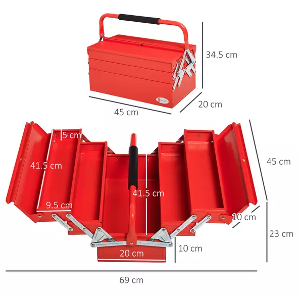 DURHAND Metal Tool Box 3 Tier 5 Tray Professional Portable Storage Cabinet Workshop Cantilever Toolbox with Carry Handle, 45cmx20cmx34.5cm, Red - 3