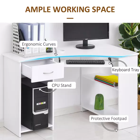 HOMCOM L-Shaped Corner Computer Desk w/ 2 Shelves Wide Worktop Keyboard Tray Drawer & CPU Stand Home Office Study Bedroom Furniture White - 5