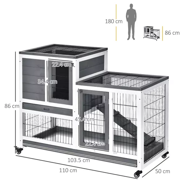 PawHut Wooden Indoor Rabbit Hutch Guinea Pig House Bunny Small Animal Cage W/ Wheels Enclosed Run 110 x 50 x 88 cm, Grey - 3