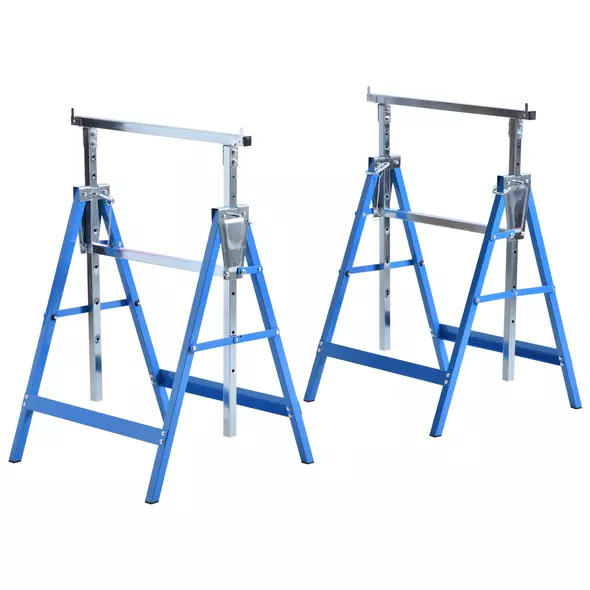 HOMCOM Set of 2 Adjustable Telescopic Builders Trestle, DIY Steel Work Bench Carpenter, Folding Saw Horse Tools Blue - 1