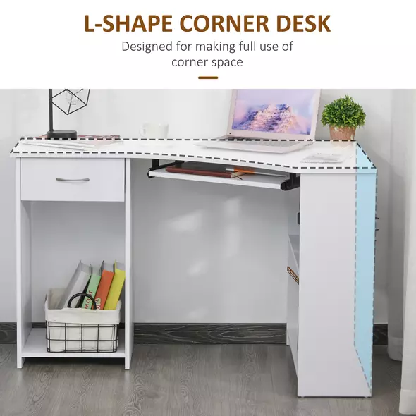 HOMCOM L-Shaped Corner Computer Desk w/ 2 Shelves Wide Worktop Keyboard Tray Drawer & CPU Stand Home Office Study Bedroom Furniture White - 4