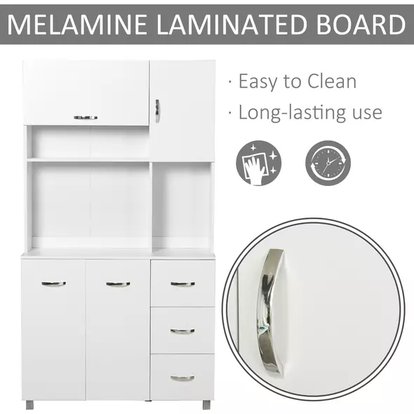 HOMCOM Kitchen Cupboard, 183cm Tall Storage Cabinet with Countertop, Sideboard with 3 Small Drawers, Flip Up Top Door, 3 Cabinet Doors and Open Shelves, 100W x 39.5D x 183.5H cm, White - 6