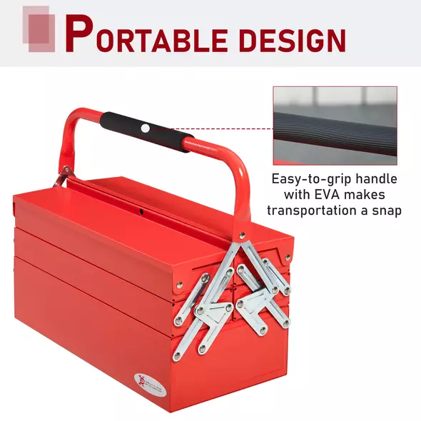 DURHAND Metal Tool Box 3 Tier 5 Tray Professional Portable Storage Cabinet Workshop Cantilever Toolbox with Carry Handle, 45cmx20cmx34.5cm, Red - 5