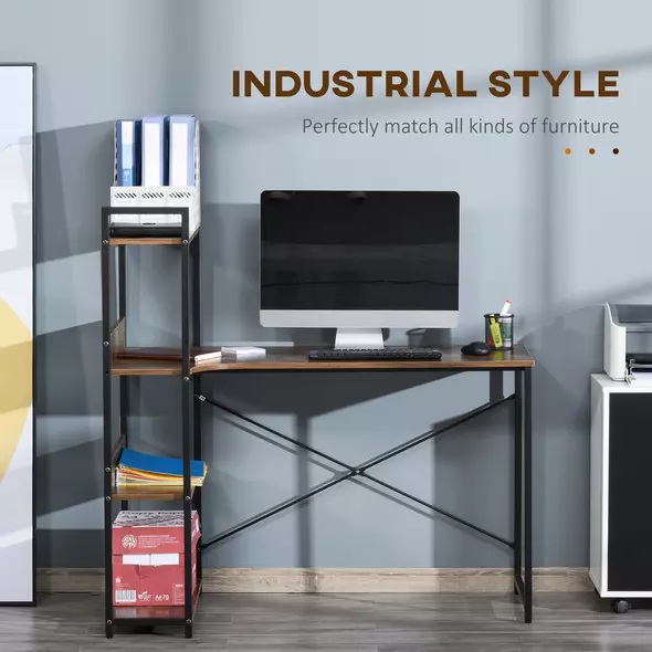 HOMCOM Office Desk with Storage Shelves, 120 CM Computer Desk, Industrial Study Table with Metal Frame for Home Office Small Space, Rustic Brown - 4