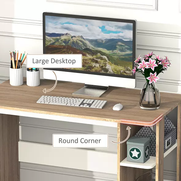 HOMCOM Computer Desk, Writing Desk with 3-Tier Storage Shelf, Work Table for Home Office, Study, Living Room, Oak and White - 5