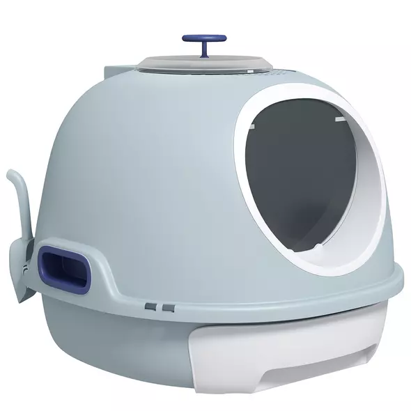 PawHut Cat Litter Box Toilet with Litter Scoop Enclosed Drawer, Front Entry Top Exit, Easy To Clean Blue - 1