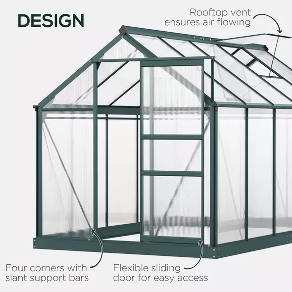 Outsunny 6 x 10ft Polycarbonate Greenhouse, Large Walk-In Green House with Slide Door and Window, Garden Plants Grow House with Aluminium Frame and Foundation, Dark Green - 4