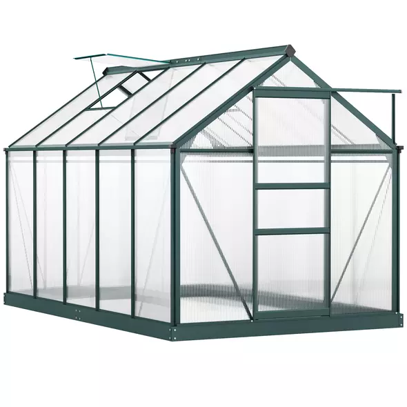Outsunny 6 x 10ft Polycarbonate Greenhouse, Large Walk-In Green House with Slide Door and Window, Garden Plants Grow House with Aluminium Frame and Foundation, Dark Green - 1