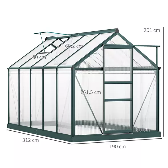 Outsunny 6 x 10ft Polycarbonate Greenhouse, Large Walk-In Green House with Slide Door and Window, Garden Plants Grow House with Aluminium Frame and Foundation, Dark Green - 3