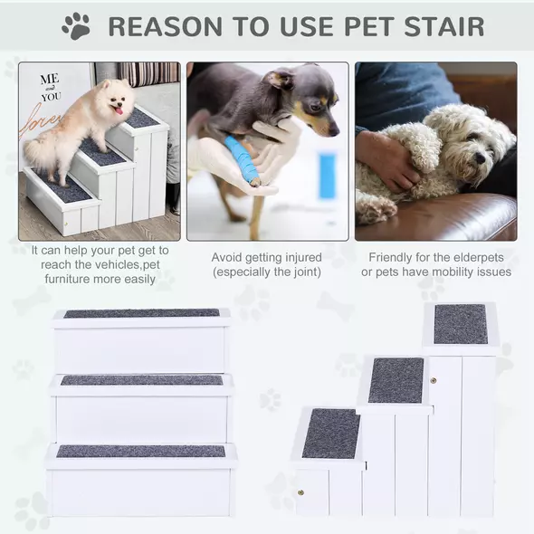 PawHut Dog Steps for Bed Sofa, 3 Step Wooden Dog Stairs for Sofa, Pet Stairs with Storage for Small Cats and Puppy, White - 5