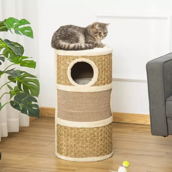 PawHut Cat Scratching Barrel Kitten Tree Tower for Indoor Cats Pet Furniture Climbing Frame Covered with Sisal and Seaweed Rope Cozy Platform Soft Plush - 8