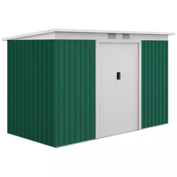 Outsunny 9ft x 4ft Metal Garden Shed, Outdoor Tool House with Foundation Kit, Ventilations and Double Doors, Deep Green - 1