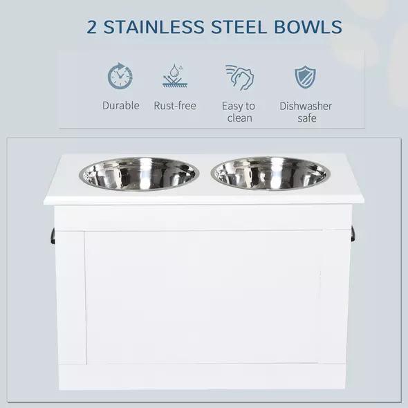 PawHut Raised Dog Bowls, with Storage, Two Stainless Steel Bowls, Elevated Base - White - 5